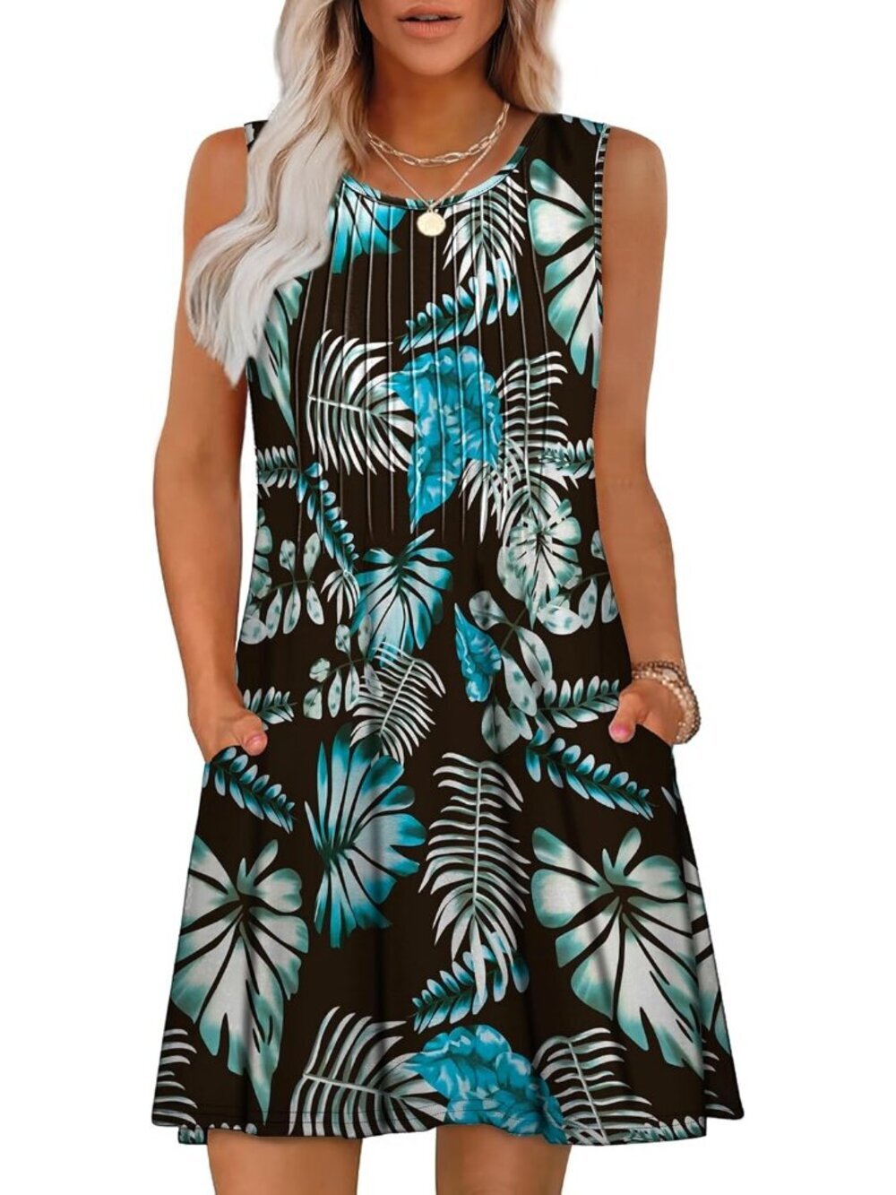 Women's Topical Leaf Beach Vacation Casual Crew Neck Sleeveless Sun Mini Dress